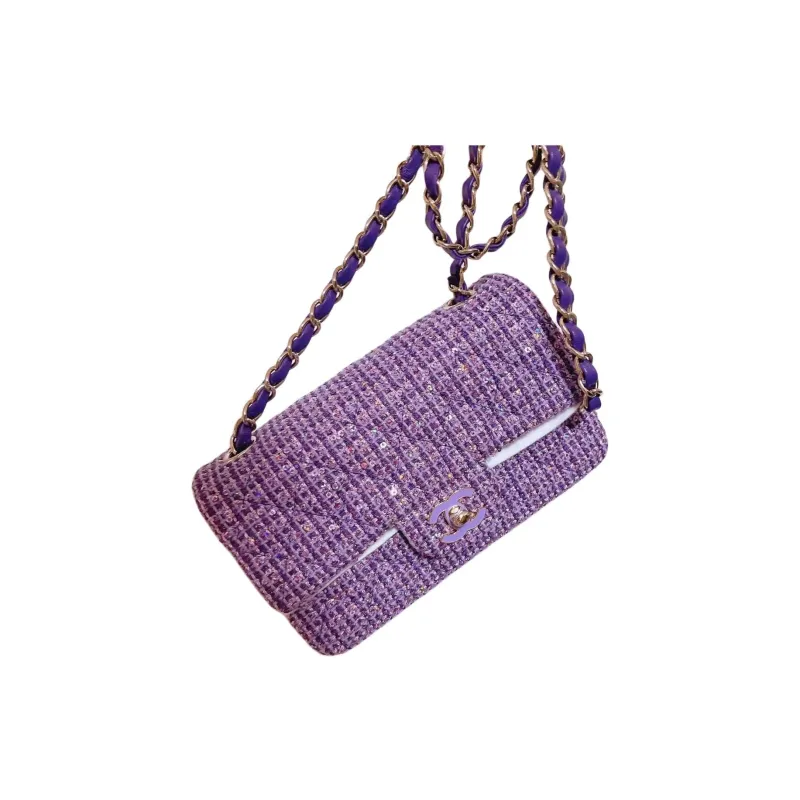 CHANEL Classic Flap CF Twill Soft Woolen Shoulder Bag, Crossbody Bag Women's Purple-1