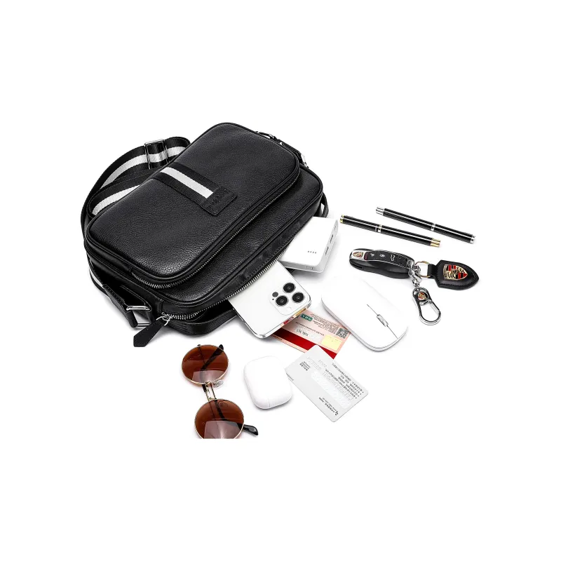 Ace Paul Top Grain Cow Leather Shoulder Bag Crossbody Bag Handbag Medium Size Unisex Black-5