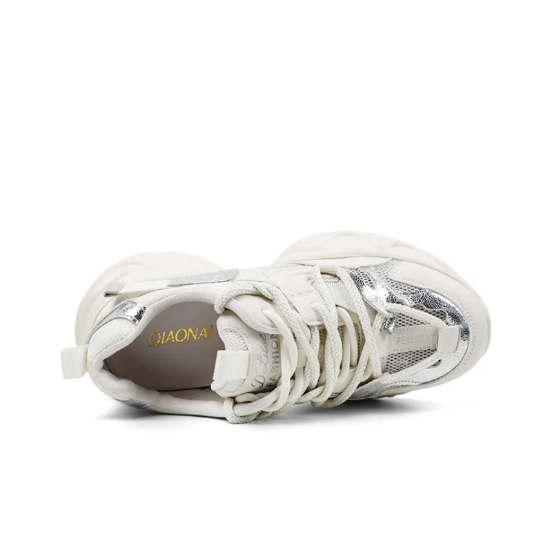 QIAONAI Low Top Chunky Sneakers Women's Beige-4
