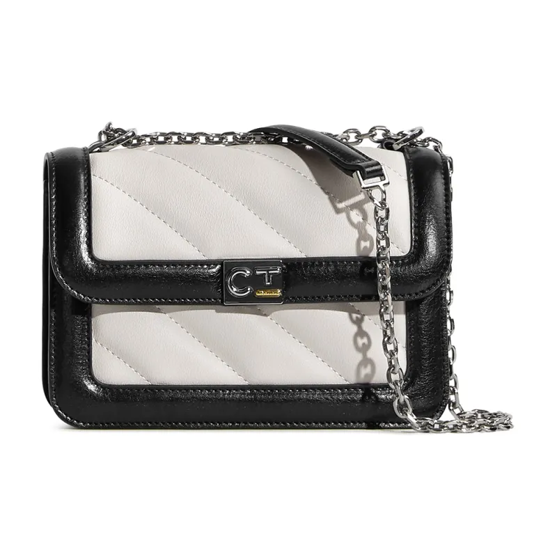 Cthulhu Cow Split Leather Sharpie Bag Detachable Strap Twill Chain Bag Medium Size Women's Black White-1