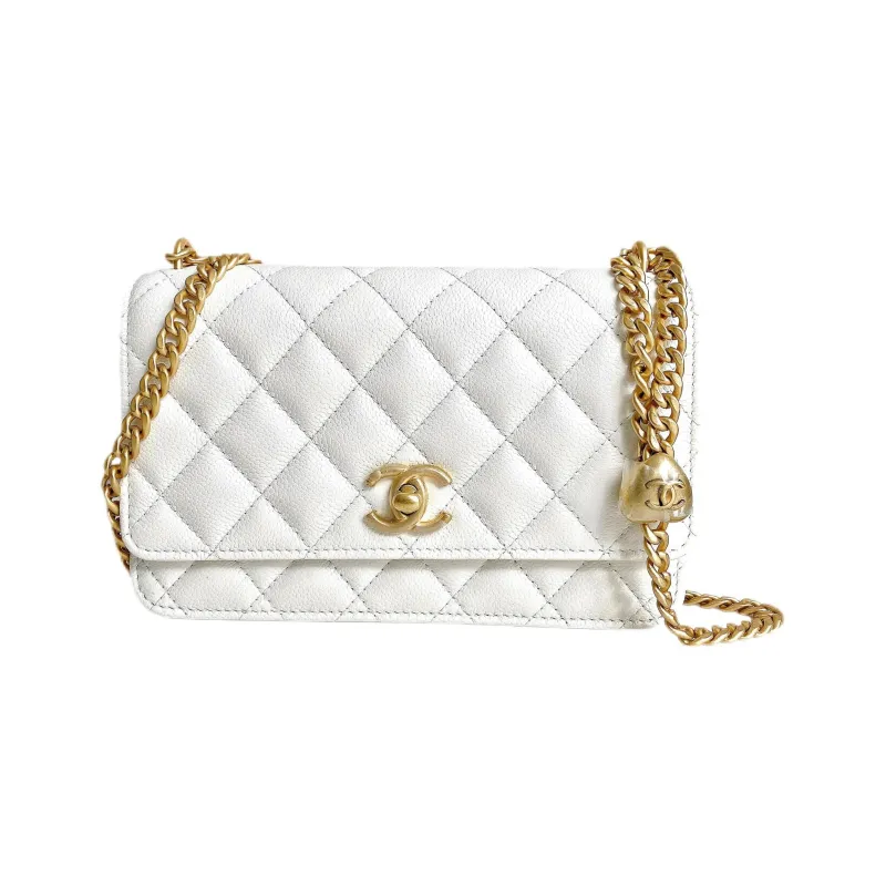 CHANEL Litchi Grain Cow Leather Chain Bag, Shoulder Bag, Crossbody Bag Trumpets Women's White-0
