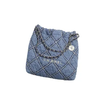 CHANEL 22Bag Denim & Metal Bucket Bag, Shoulder Bag, Crossbody Bag Small Size Women's Blue