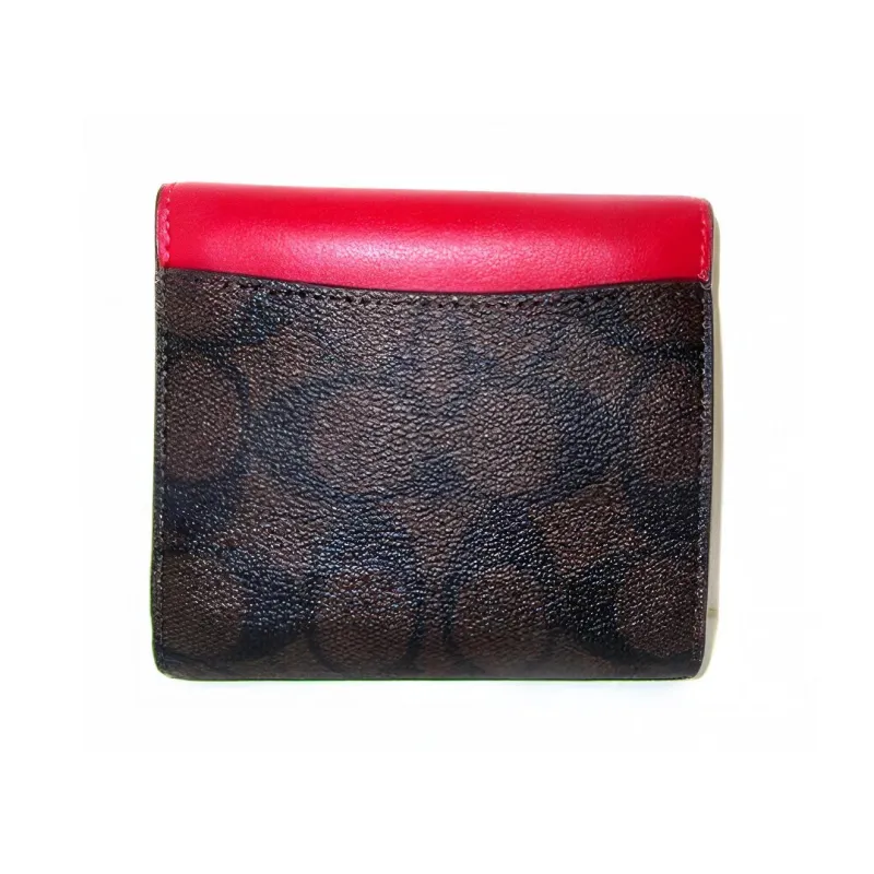 COACH Trifold Wallet Signature Coated Canvas With Smooth Leather Card Holder, Wallet Trumpets Women's Brown & Red-3