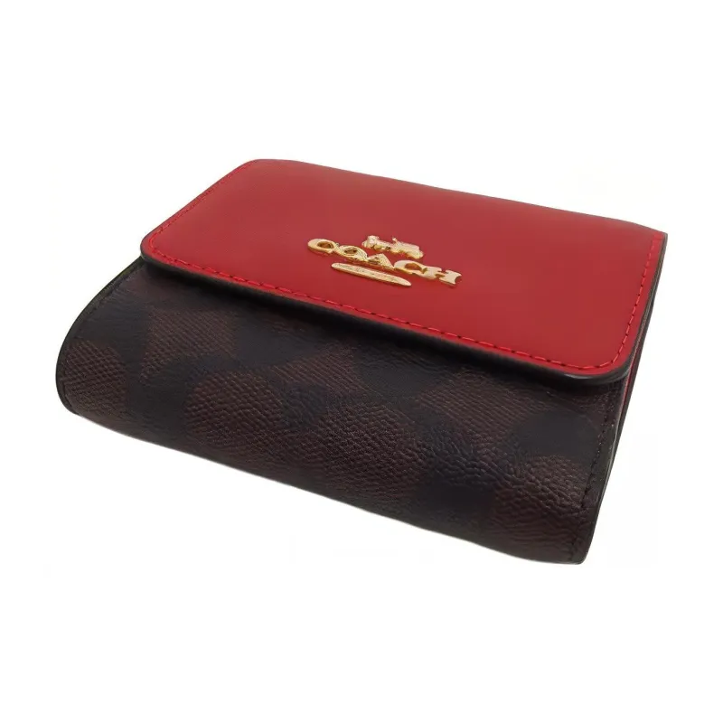 COACH Trifold Wallet Signature Coated Canvas With Smooth Leather Card Holder, Wallet Trumpets Women's Brown & Red-1