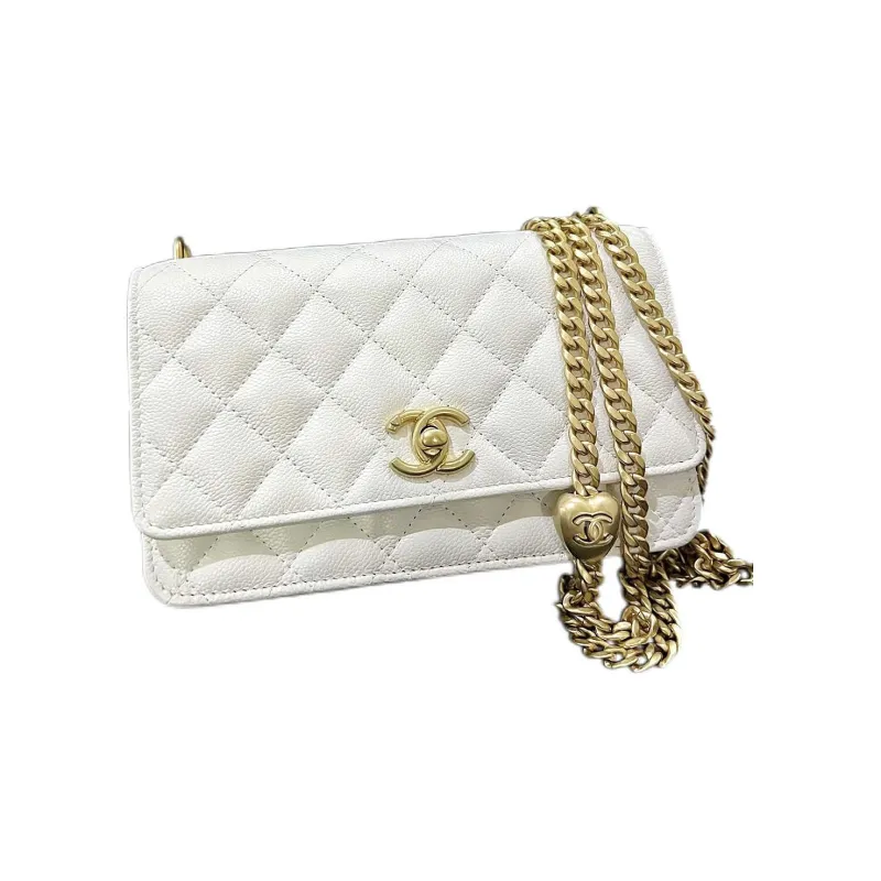 CHANEL Litchi Grain Cow Leather Chain Bag, Shoulder Bag, Crossbody Bag Trumpets Women's White-2