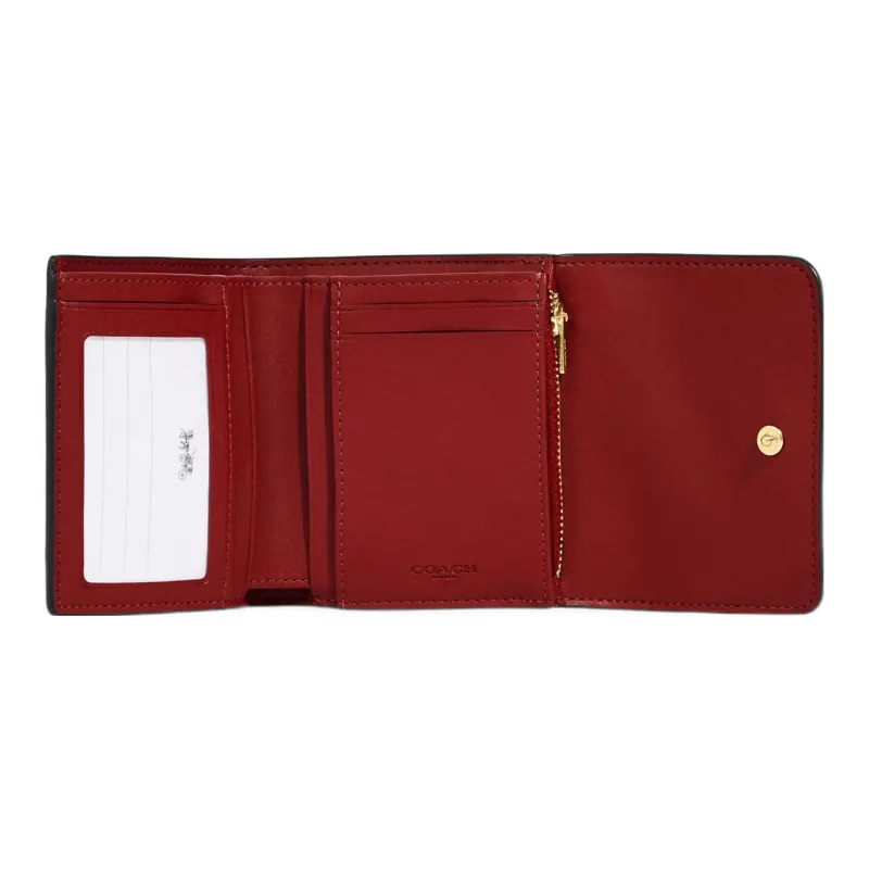 COACH Trifold Wallet Signature Coated Canvas With Smooth Leather Card Holder, Wallet Trumpets Women's Brown & Red-4