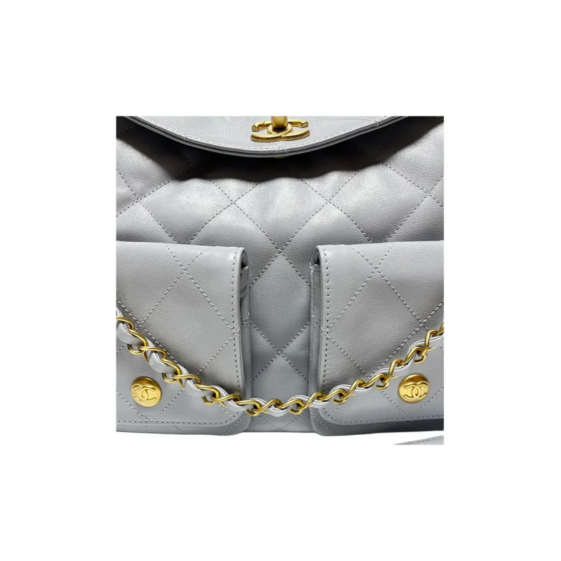 CHANEL Smooth Cow Leather Handbag, Shoulder Bag, Crossbody Bag Large Size Women's Gray Blue-1