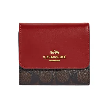 COACH Trifold Wallet Signature Coated Canvas With Smooth Leather Card Holder Wallet Small Size Women's Brown & Red