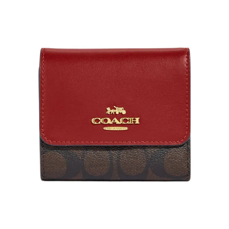 COACH Trifold Wallet Signature Coated Canvas With Smooth Leather Card Holder, Wallet Trumpets Women's Brown & Red-0