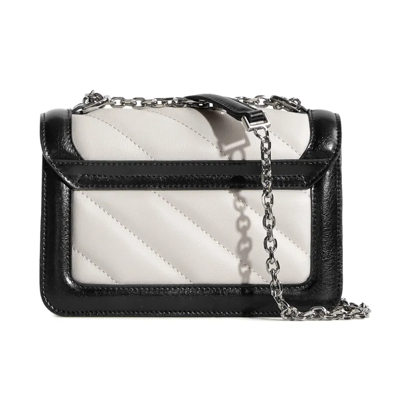 Cthulhu Cow Split Leather Sharpie Bag Detachable Strap Twill Chain Bag Medium Size Women's Black White-3