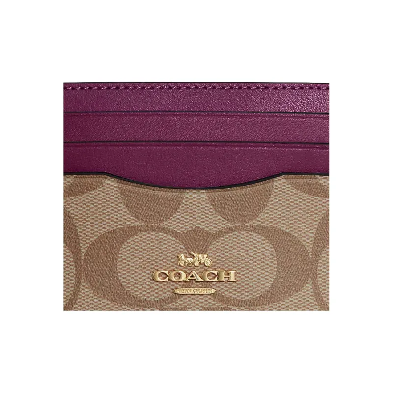 COACH Card Case Cow Leather Wallet Card Holder Card Holder Women's Khaki With Dark Berry-2