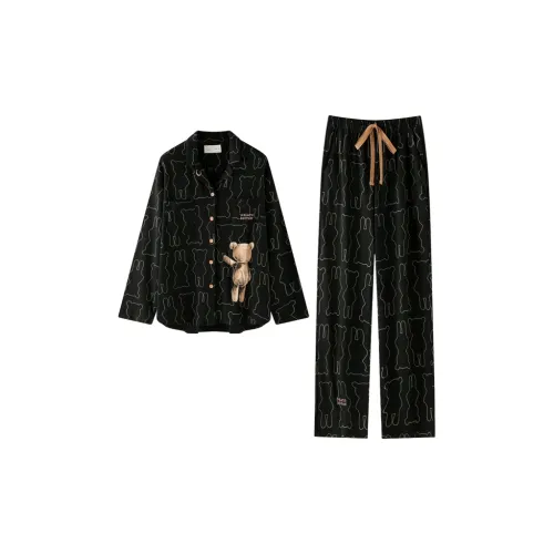 Meonsill Spring And Fall Season Pajama Set Women's Black