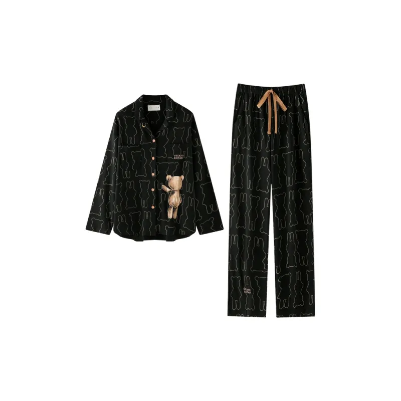 Meonsill Spring And Fall Season Pajama Set Women's Black-0
