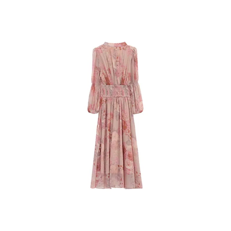 Fashion Long Sleeved Dress Women's Romantic Pink Print-0