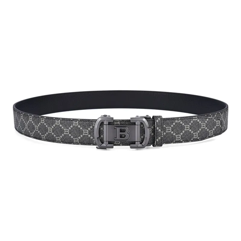 Old Man's Head Elegant Pattern Design Automatic Buckle Top Grain Cow Leather Leather Belts Men's Black Width 3.5CM-1