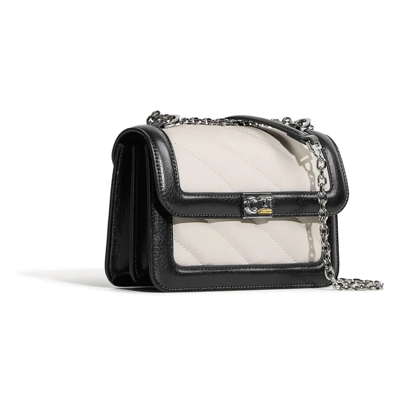 Cthulhu Cow Split Leather Sharpie Bag Detachable Strap Twill Chain Bag Medium Size Women's Black White-2