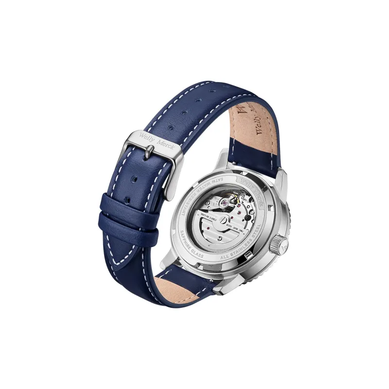 Welly Merck Automatic Mechanical Movement Leather Strap Watch Men's Watches Blue Dial WM147M-3