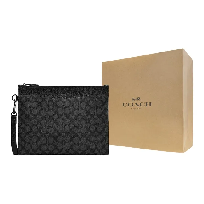 COACH Hitch Canvas With Leather Document Bag Wrist Bag Clutch Tubas Men's Black-8