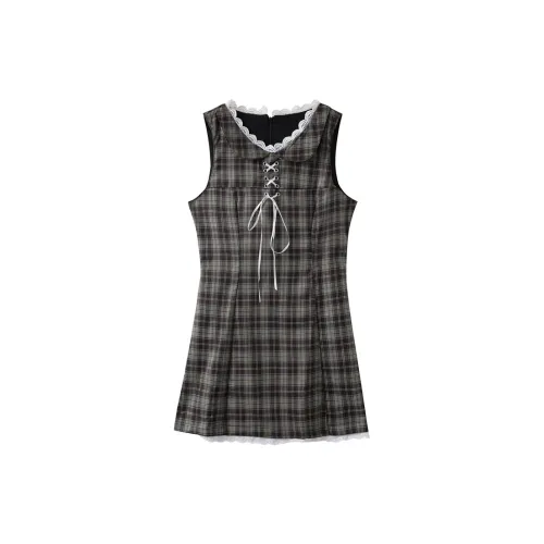 EIDOLON GRAIN Sleeveless Dresses Women's Green Coffee Check