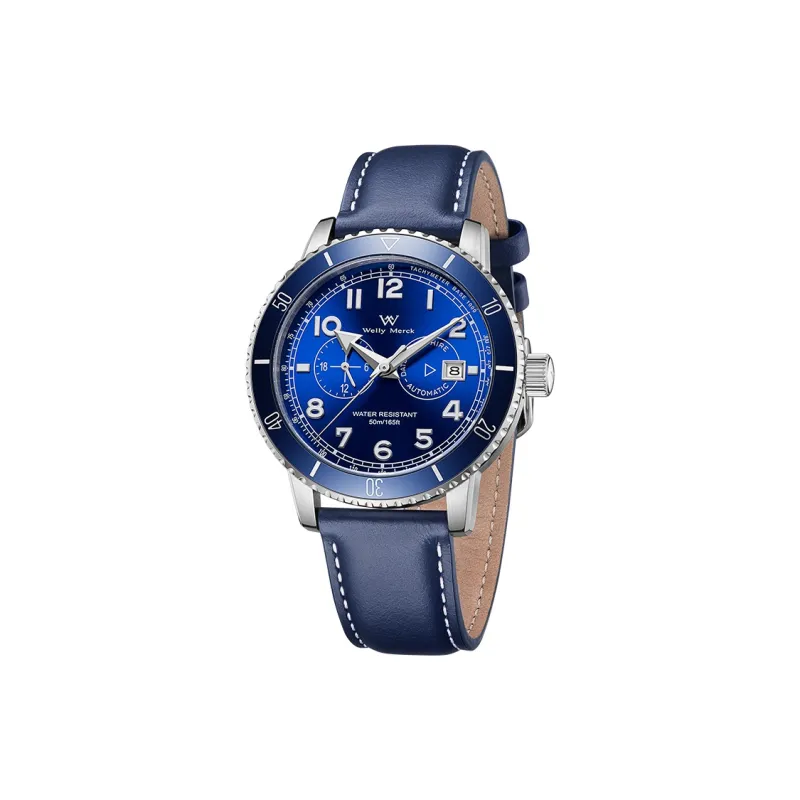 Welly Merck Automatic Mechanical Movement Leather Strap Watch Men's Watches Blue Dial WM147M-1
