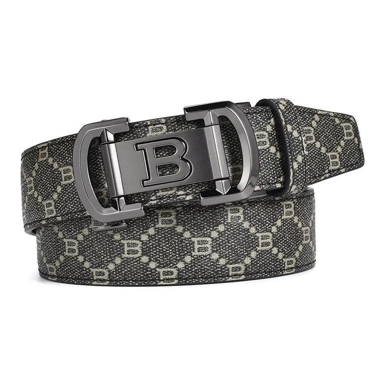 Old Man's Head Elegant Pattern Design Automatic Buckle Top Grain Cow Leather Leather Belts Men's Black Width 3.5CM-0