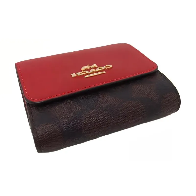 COACH Trifold Wallet Signature Coated Canvas With Smooth Leather Card Holder, Wallet Trumpets Women's Brown & Red-2