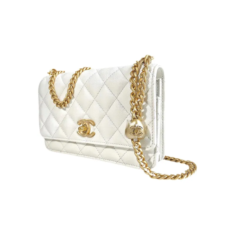 CHANEL Litchi Grain Cow Leather Chain Bag, Shoulder Bag, Crossbody Bag Trumpets Women's White-1