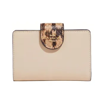 COACH Corner Zip Smooth Leather With Snakeskin Print And Embossed Leather Card Holder Wallet Women's Ivory White