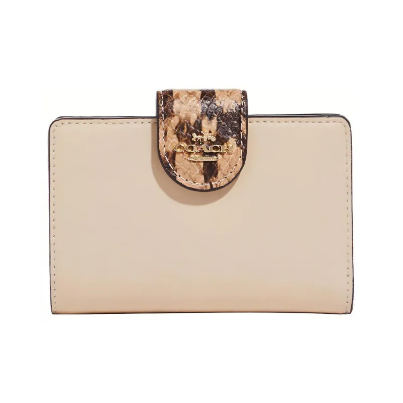COACH Corner Zip Smooth Leather With Snakeskin Print And Embossed Leather Card Holder Wallet Women's Ivory White-0