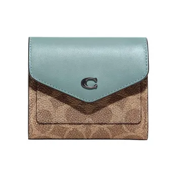 COACH Wyn Cow Leather Wallet Small Size Women's Blue With Brown Monogram