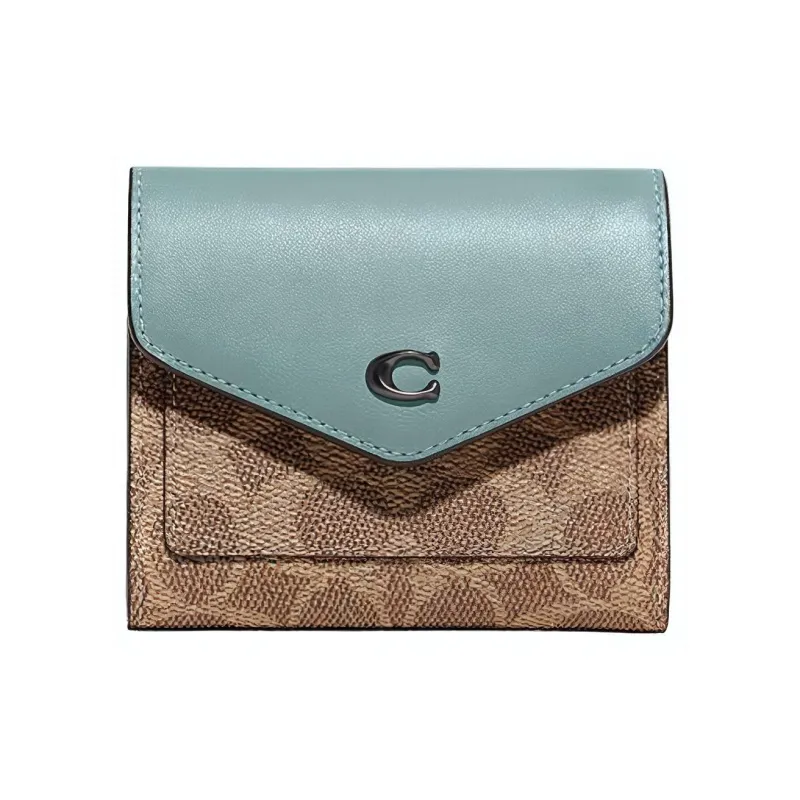 COACH Wyn Cow Leather Wallet Small Size Women's Blue With Brown Monogram-0