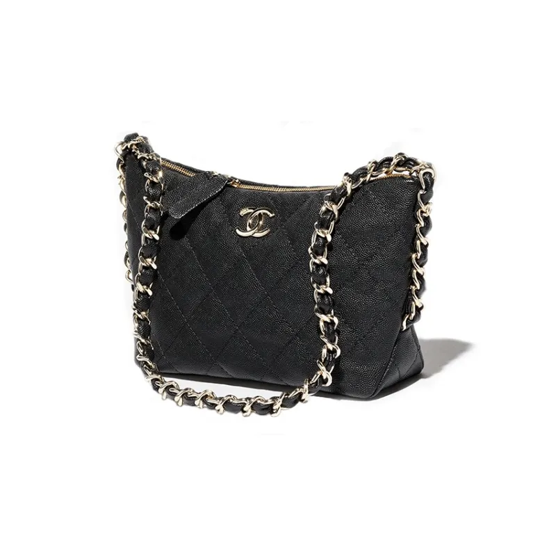 CHANEL Grain Cow Leather Hobo Hippie Bag, Handbag, Shoulder Bag Trumpets Women's Black-2