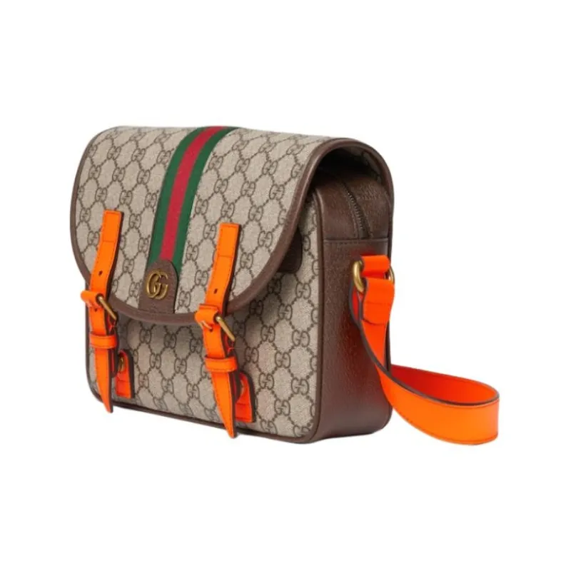 GUCCI Ophidia Canvas With Leather Trim Canvas Bag, Shoulder Bag, Crossbody Bag Men's Beige & Ebony & Orange-1
