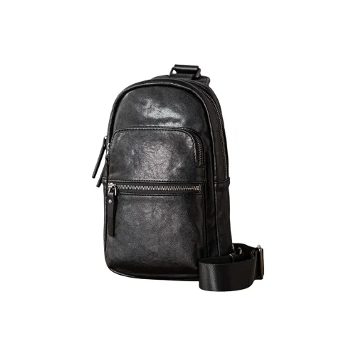 Back Step Cow Leather Genuine Leather Backpack, Sling Bag Medium Size Unisex Black