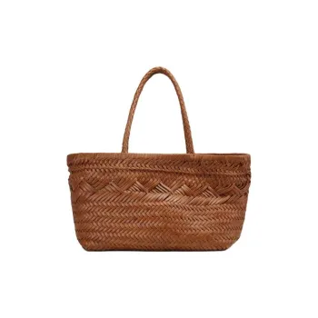 DEERE JACK Top Grain Cow Leather Woven Bag Handbag Medium Size Women's Yellow Brown