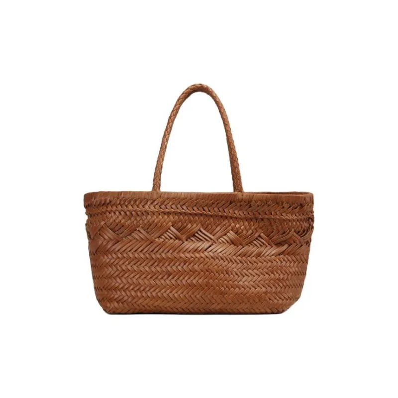DEERE JACK Top Grain Cow Leather Woven Bag Handbag Medium Size Women's Yellow Brown-0