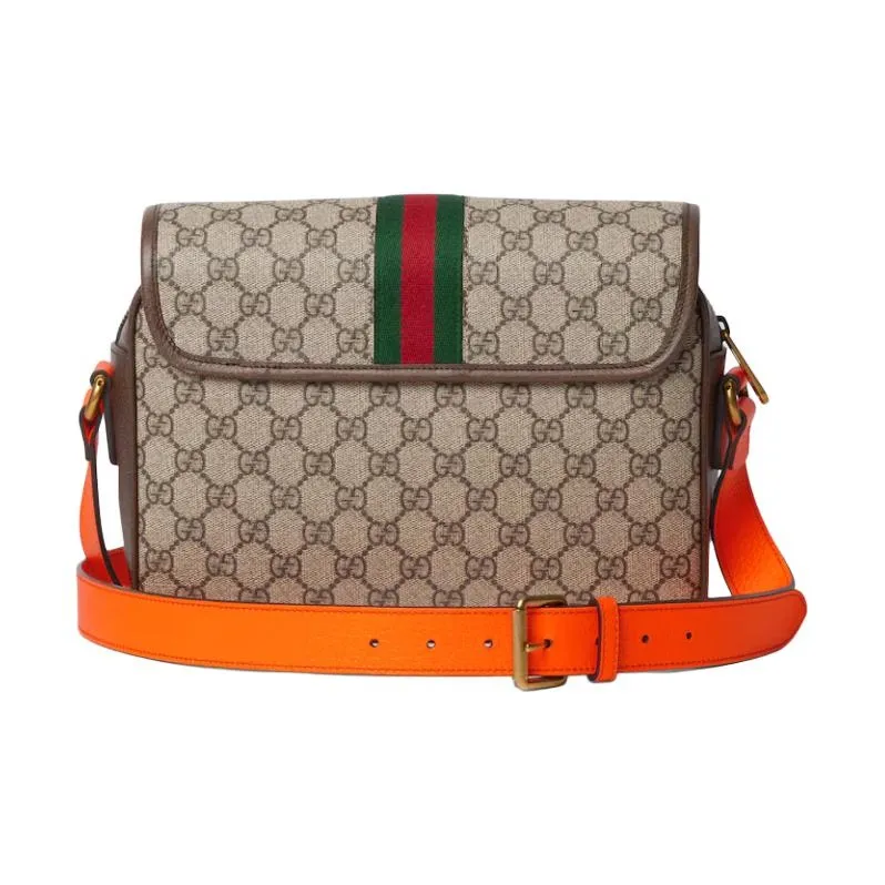GUCCI Ophidia Canvas With Leather Trim Canvas Bag, Shoulder Bag, Crossbody Bag Men's Beige & Ebony & Orange-3