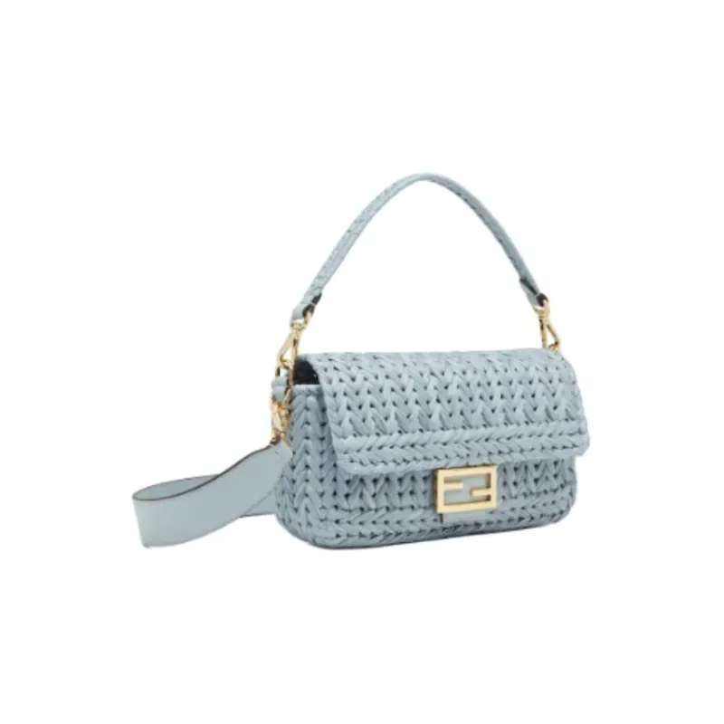 FENDI Baguette Leather Patchwork With Raffia One Shoulder Handbags Medium Size Women's Light Blue-1