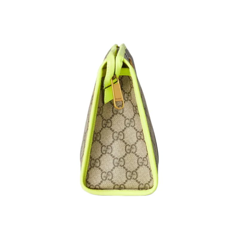 GUCCI Ophidia Canvas With Leather Binding Canvas Bag Handheld Makeup Bag Men's Beige & Ebony With Yellow Accents-3