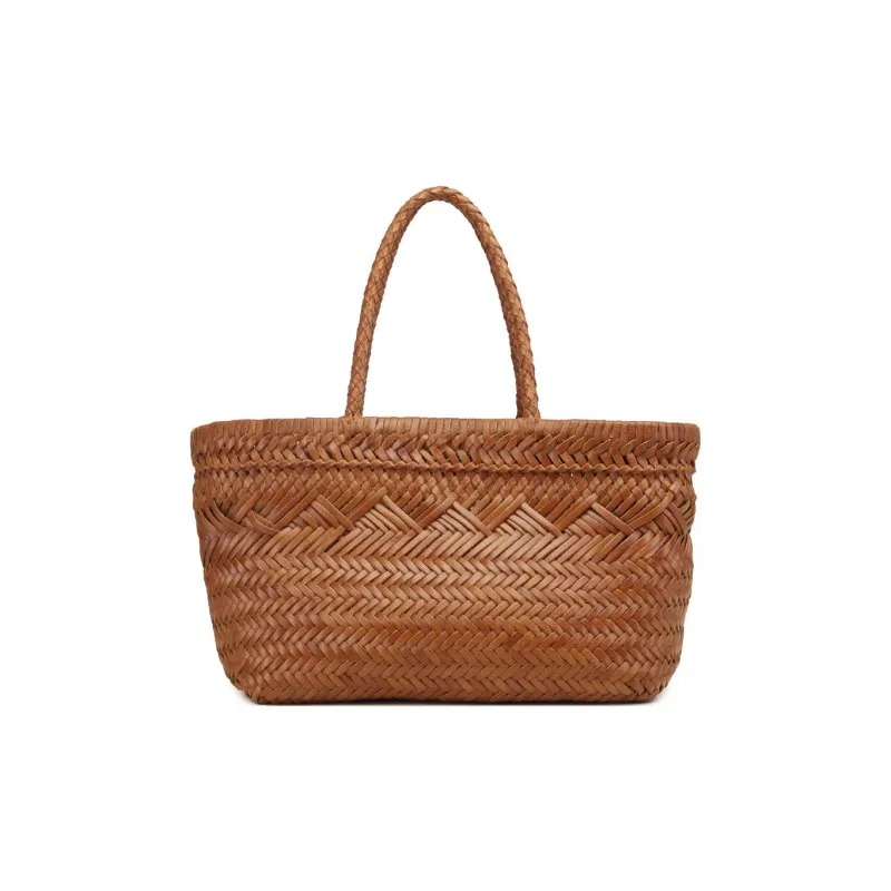 DEERE JACK Top Grain Cow Leather Woven Bag Handbag Medium Size Women's Yellow Brown-3