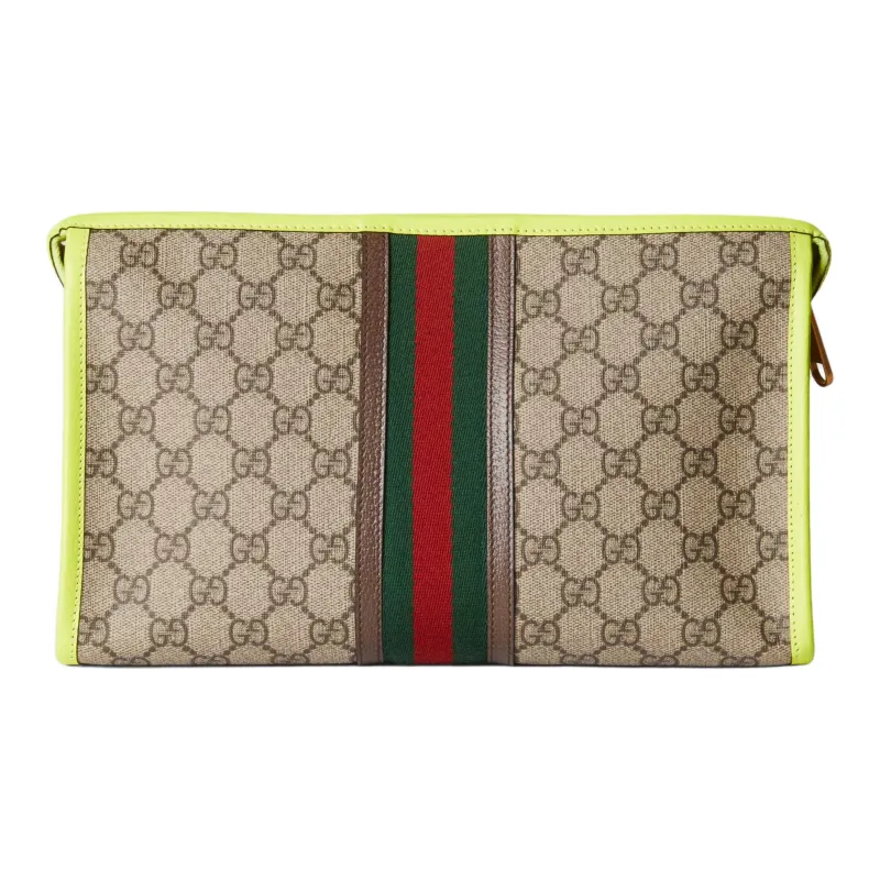 GUCCI Ophidia Canvas With Leather Binding Canvas Bag Handheld Makeup Bag Men's Beige & Ebony With Yellow Accents-2