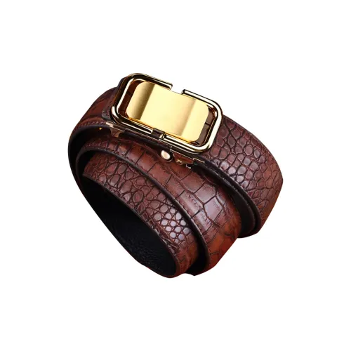 BISON DENIM Automatic Buckle Crocodile Pattern Vintage Leather Belts Men's Coffee Width 3.3CM