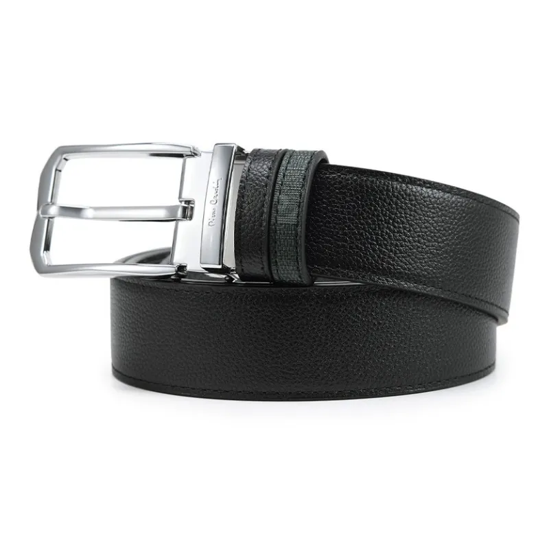PIERRE CARDIN Casual Pin Buckle, Pant Waist Belt Double Sided Strap, Top Grain Cow Leather Belts Men's Black 3.4cm-1