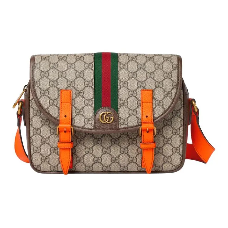 GUCCI Ophidia Canvas With Leather Trim Canvas Bag, Shoulder Bag, Crossbody Bag Men's Beige & Ebony & Orange-0