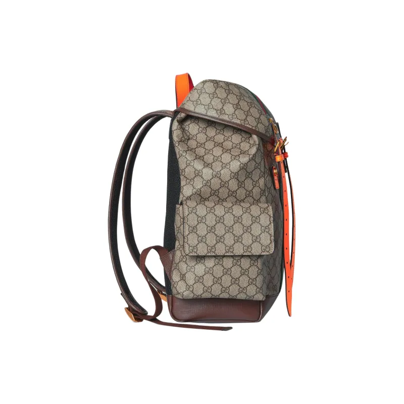 GUCCI Ophidia Canvas With Leather Backpack Medium Size Women's Beige & Ebony & Orange-2