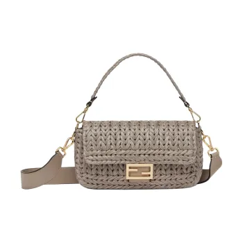 FENDI Baguette Leather Patchwork With Raffia Crossbody One Shoulder Handbags Medium Size Women's Gray