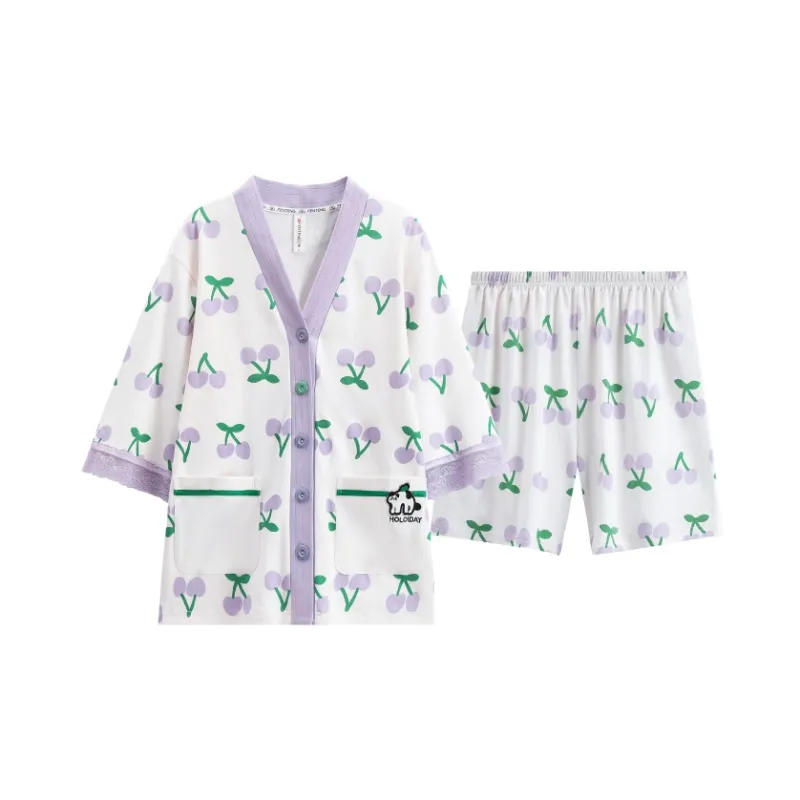 FENTENG Pajama Set Women's White Base With Flowers-0