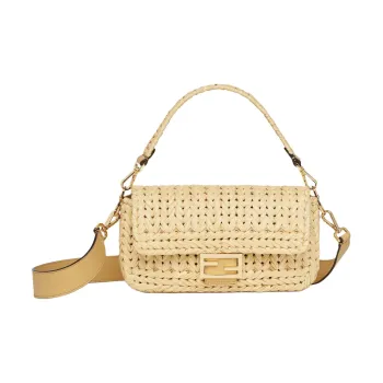 FENDI Baguette Leather Patchwork With Raffia Shoulder Bag Crossbody Bag Handbag Medium Size Women's Beige