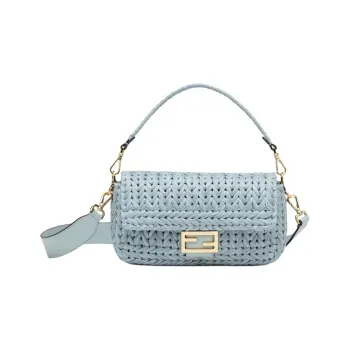 FENDI Baguette Leather Patchwork With Raffia One Shoulder Handbags Medium Size Women's Light Blue