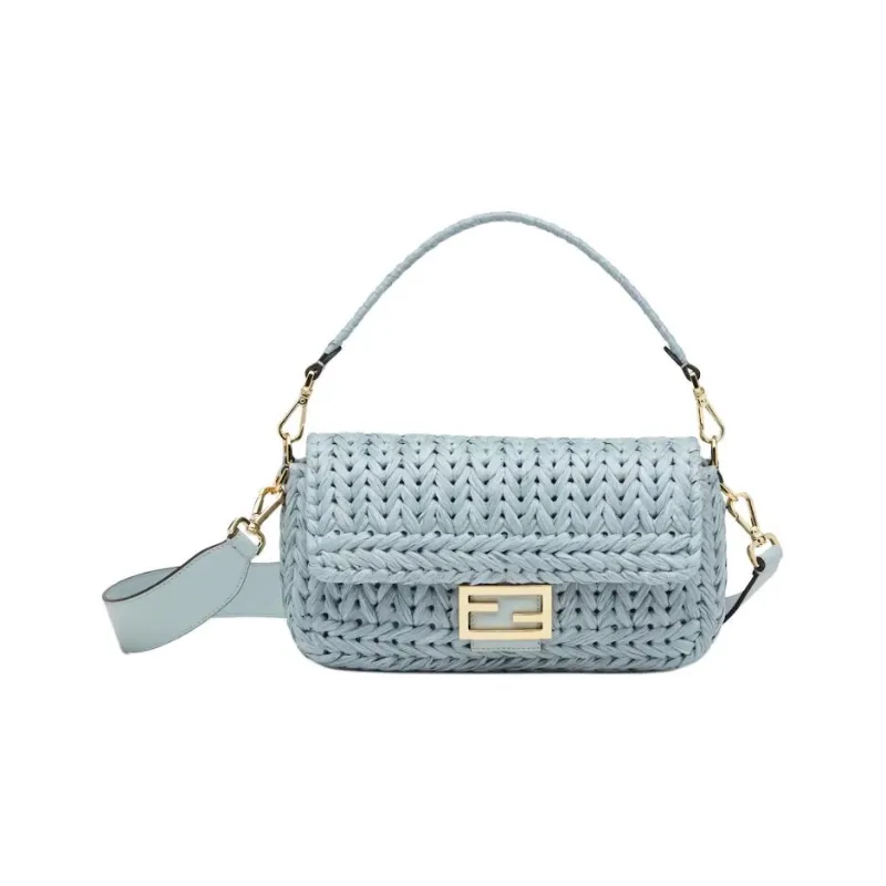 FENDI Baguette Leather Patchwork With Raffia One Shoulder Handbags Medium Size Women's Light Blue-0